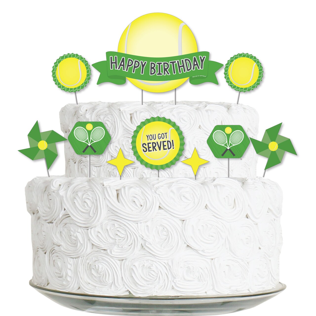 Big Dot of Happiness You Got Served - Tennis - Tennis Ball Birthday Party Cake Decorating Kit - Happy Birthday Cake Topper Set - 11 Pieces